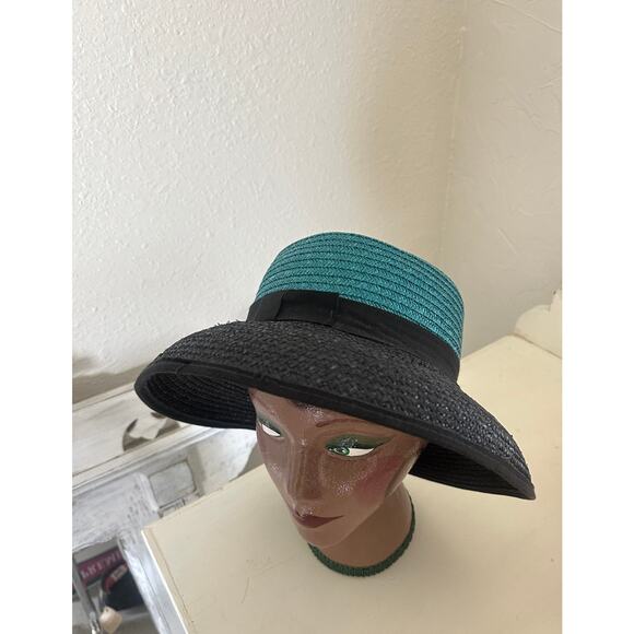 Saks Fifth Avenue Women's Hat Blue Navy Straw Vintage Summer Sun Hat - Picture 1 of 6